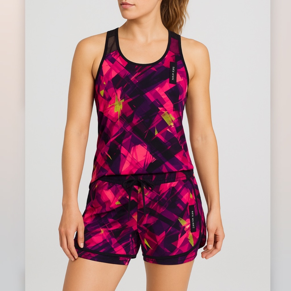 Women’s Stretchy Exercise Bicycle Pinkand Black Athletic Tank and Shorts…